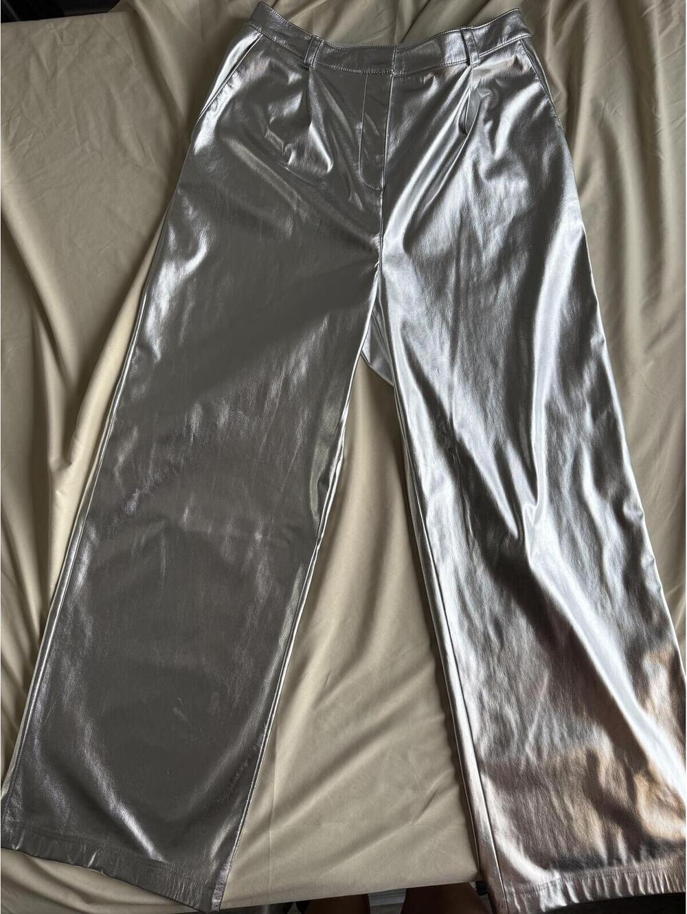 Open Edit Silver Metallic Faux Leather Wide Leg Pants Size Small - Picture 2 of 5